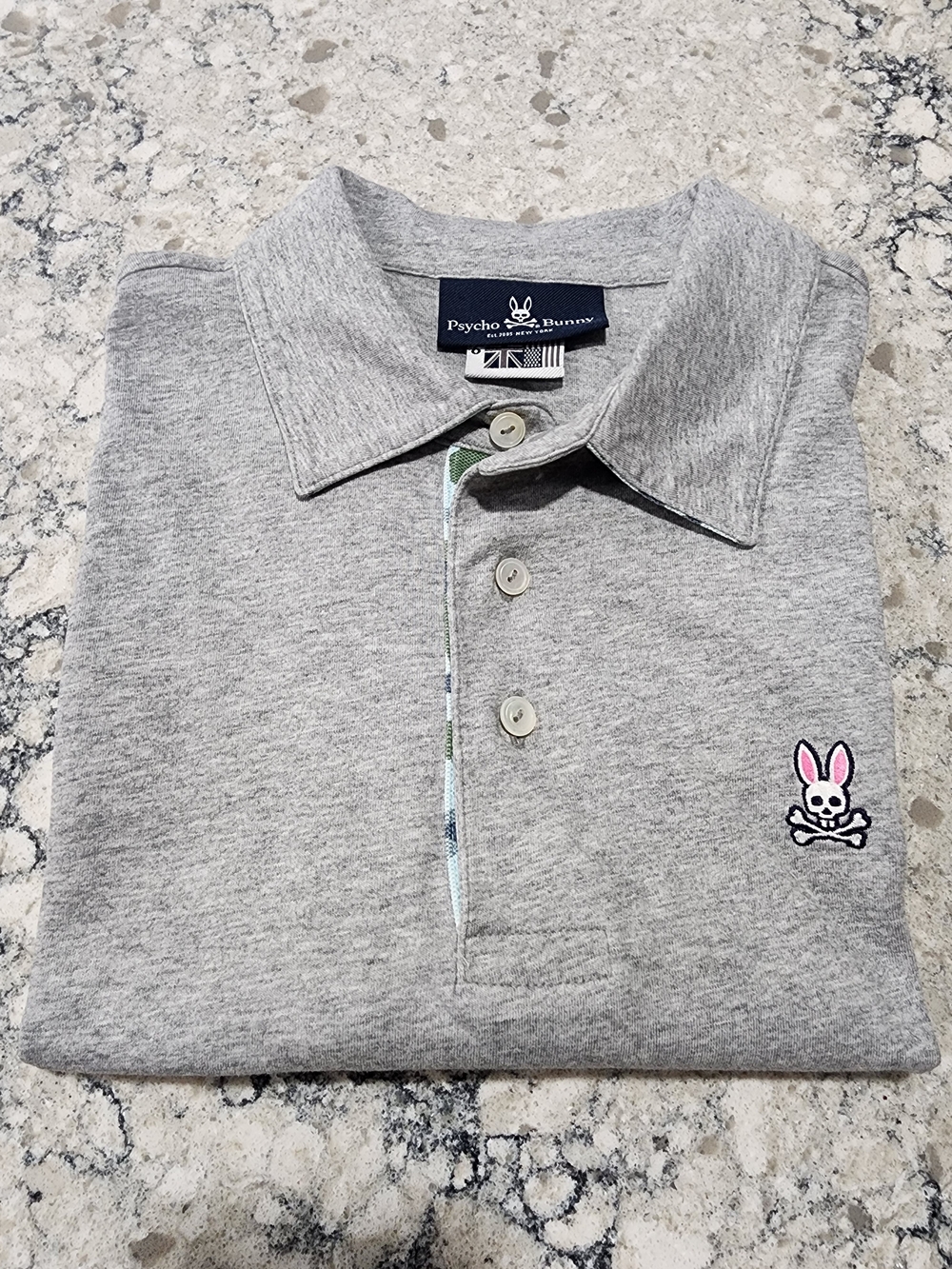 Psycho Bunny Gray Classic Henley Polo with Skull & Crossbones Bunny Logo Mens L